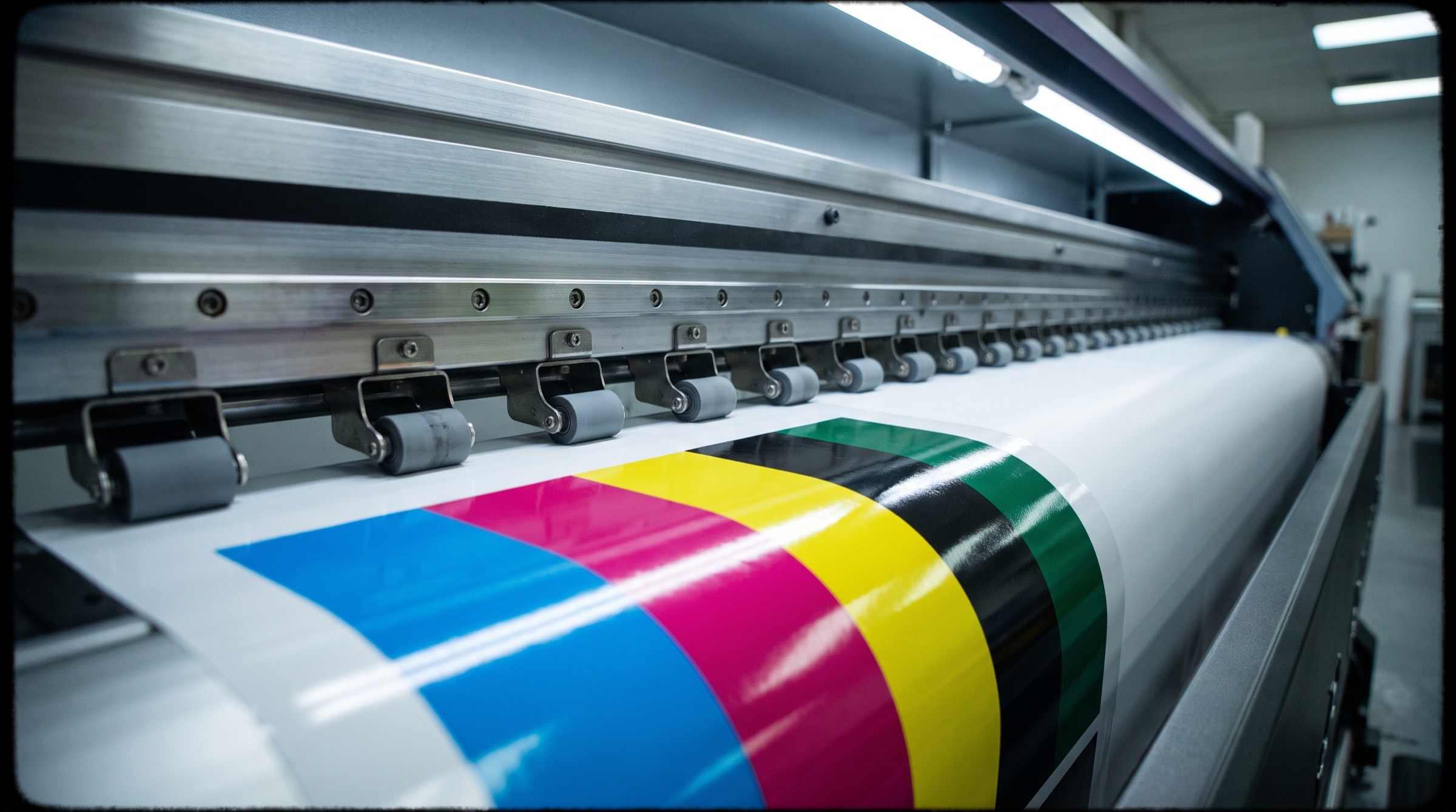 Wide-format press printing a CMYK colour bar