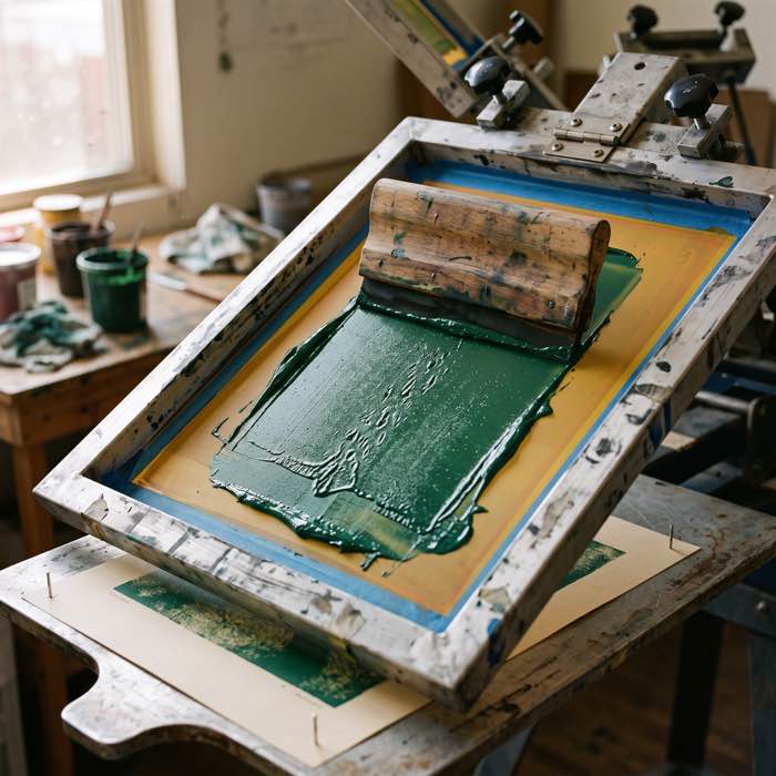 Screen printing press pulling green ink