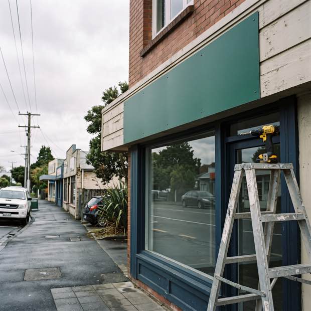 Shopfront sign panel being installed